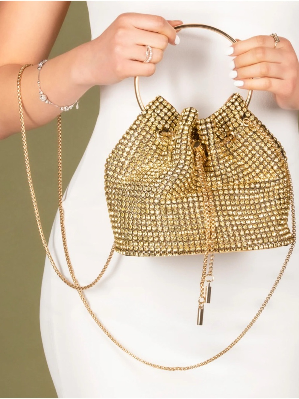 Madison West Gold Rhinestone Drawstring Wristlet
